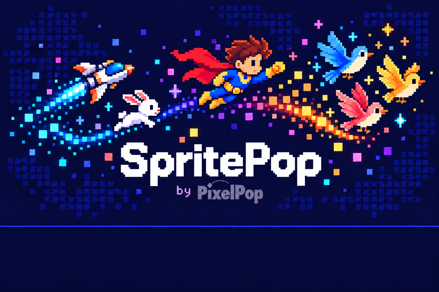 Colorful pixel spaceship, caped hero, rabbit and birds above the SpritePop name